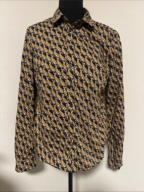 Boden The Classic Long-Sleeve Rabbit Patterned Shirt - Navy and Mustard-Size 6